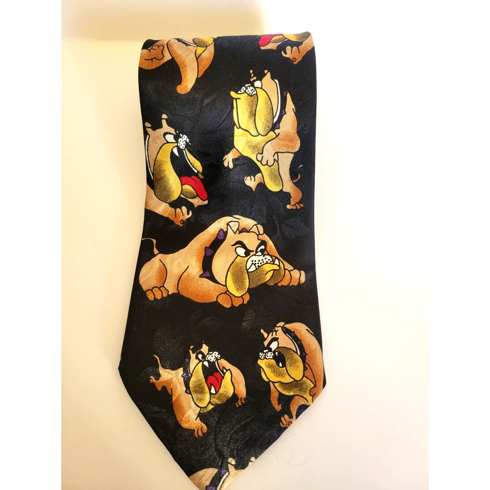 Bulldogs Dog Print Necktie Vintage A. Rogers Black Brown Men’s Novelty Tie